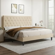 Allewie King Fabric Upholstered Platform Bed Frame with Adjustable Diamond-Tufted Headboard, Beige