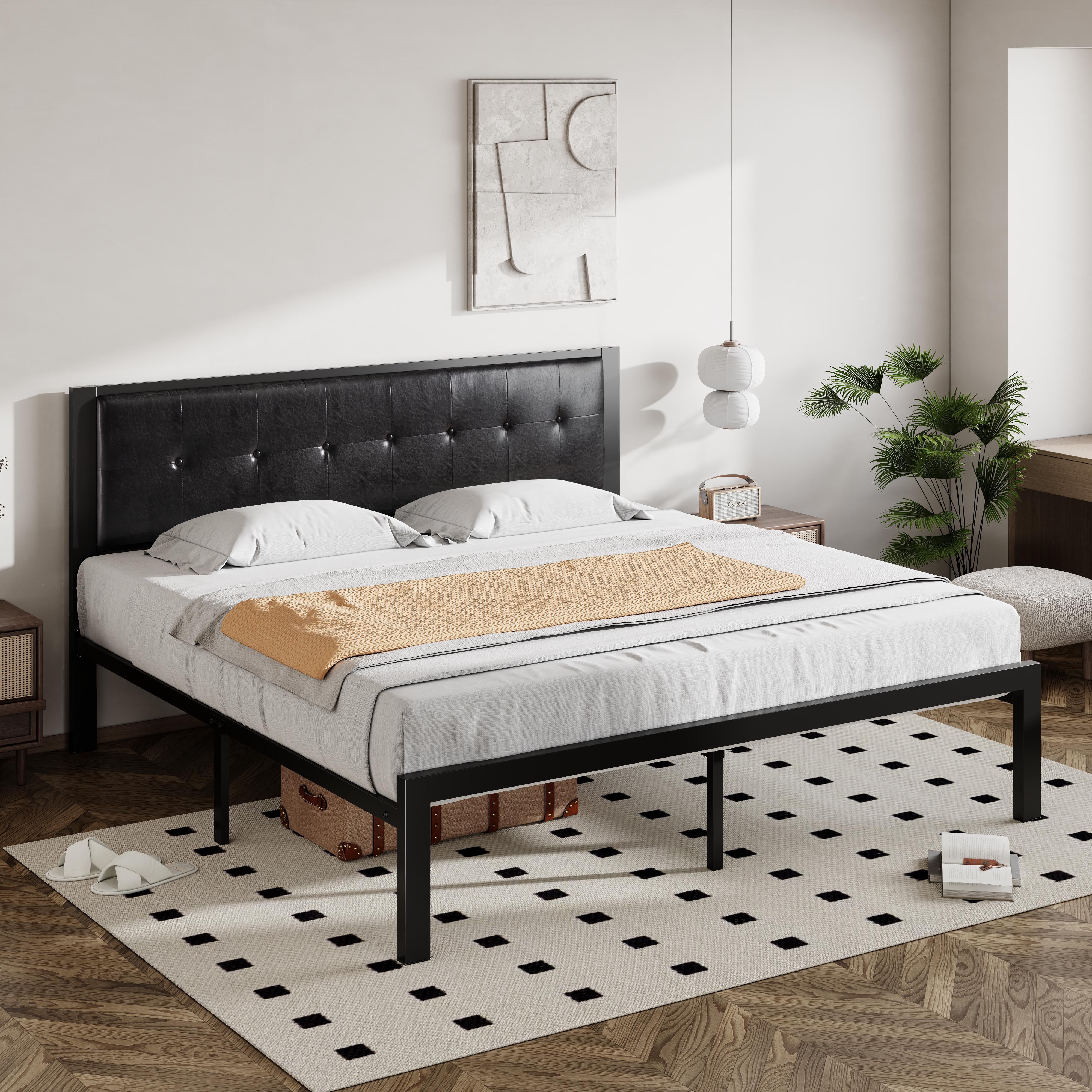 Allewie King Metal Platform Bed Frame with Faux Leather Button Tufted