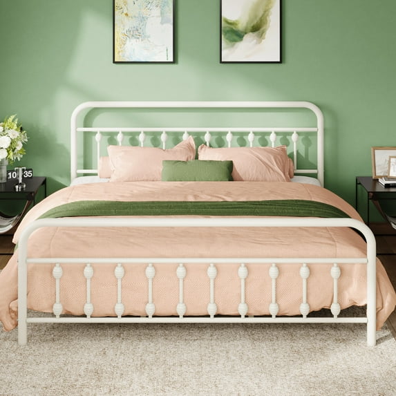 Allewie King Metal Platform Bed Frame with Vintage Pattern Headboard/Footboard, No Box Spring Needed, White