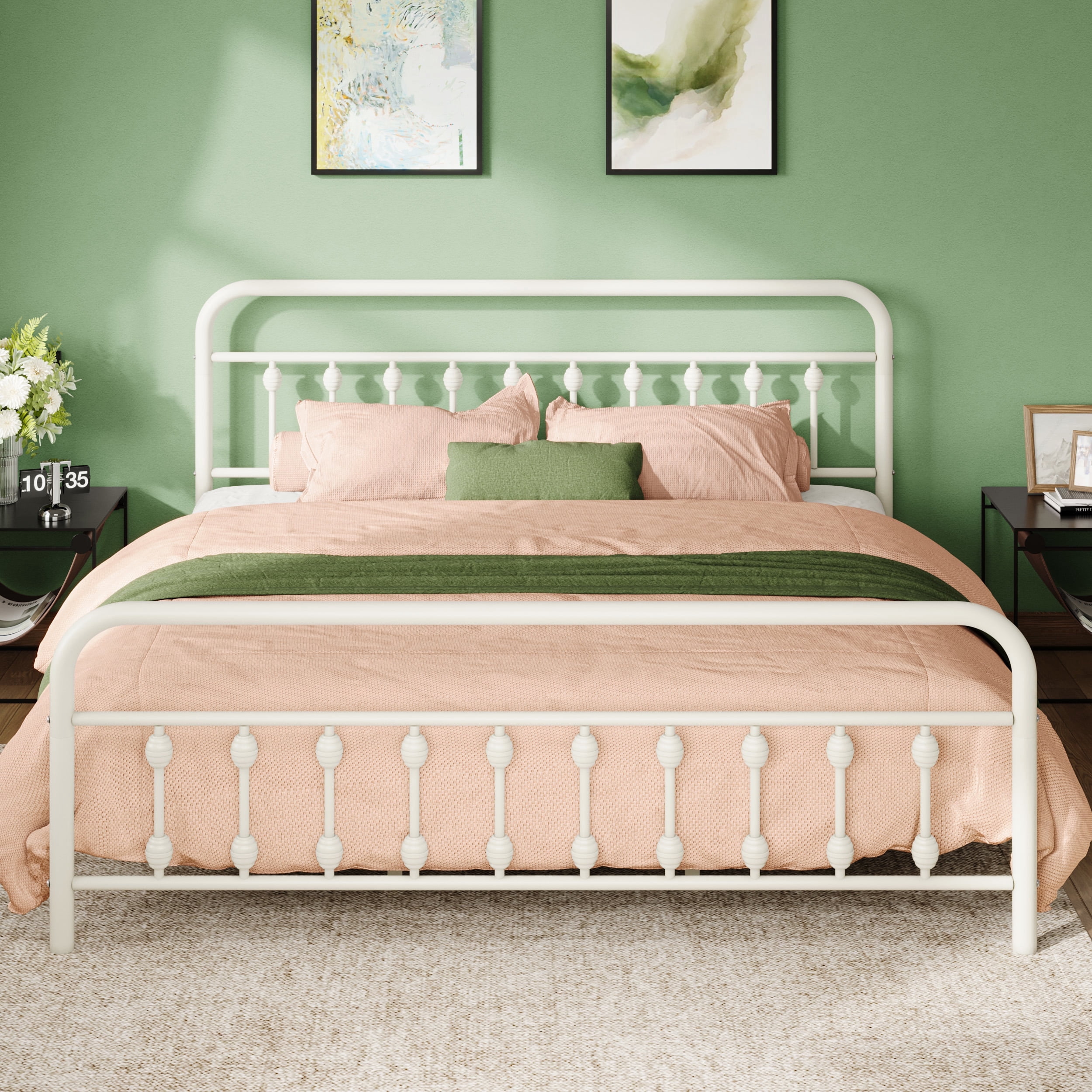 Allewie King Metal Platform Bed Frame with Vintage Pattern Headboard/Footboard, No Box Spring Needed, White
