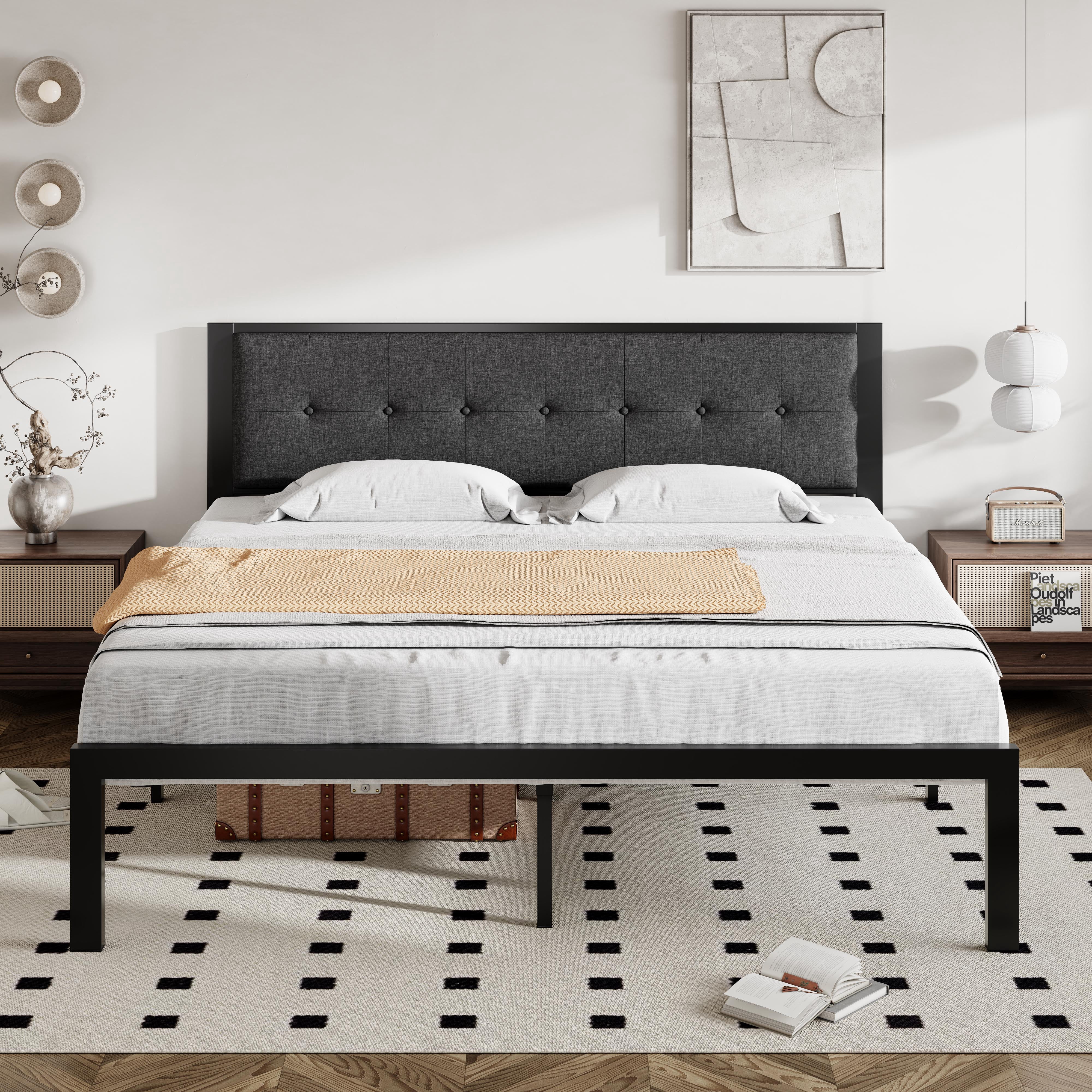 Allewie King Size Metal Platform Bed Frame with Linen Fabric Button Tufted Headboard, Under-Bed Storage, Grey