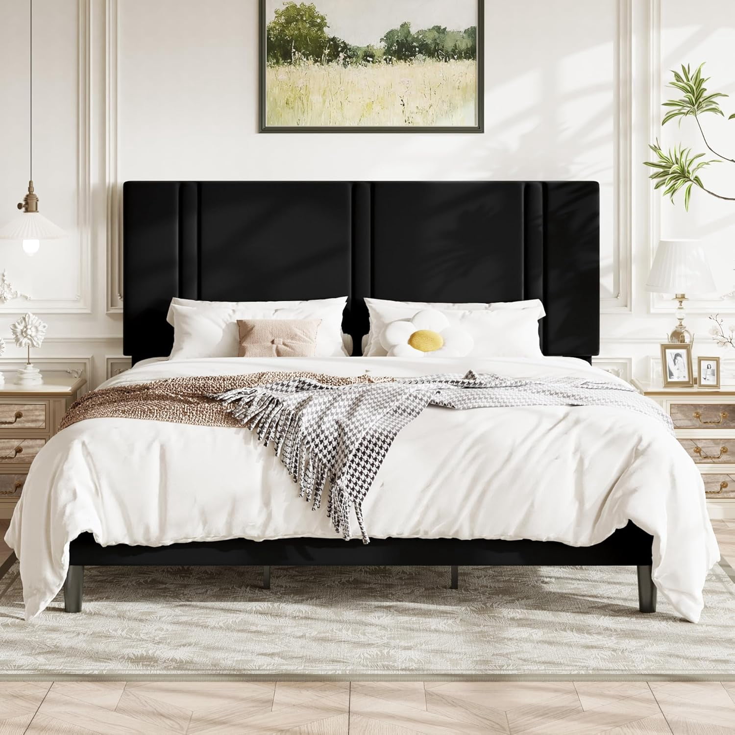 Allewie King Platform Bed Frame with Adjustable Headboard, Plush Velvet Upholstered, Vertical Channel Tufted, Sturdy Wooden Slats, No Box Spring Needed, Easy Assembly, Black