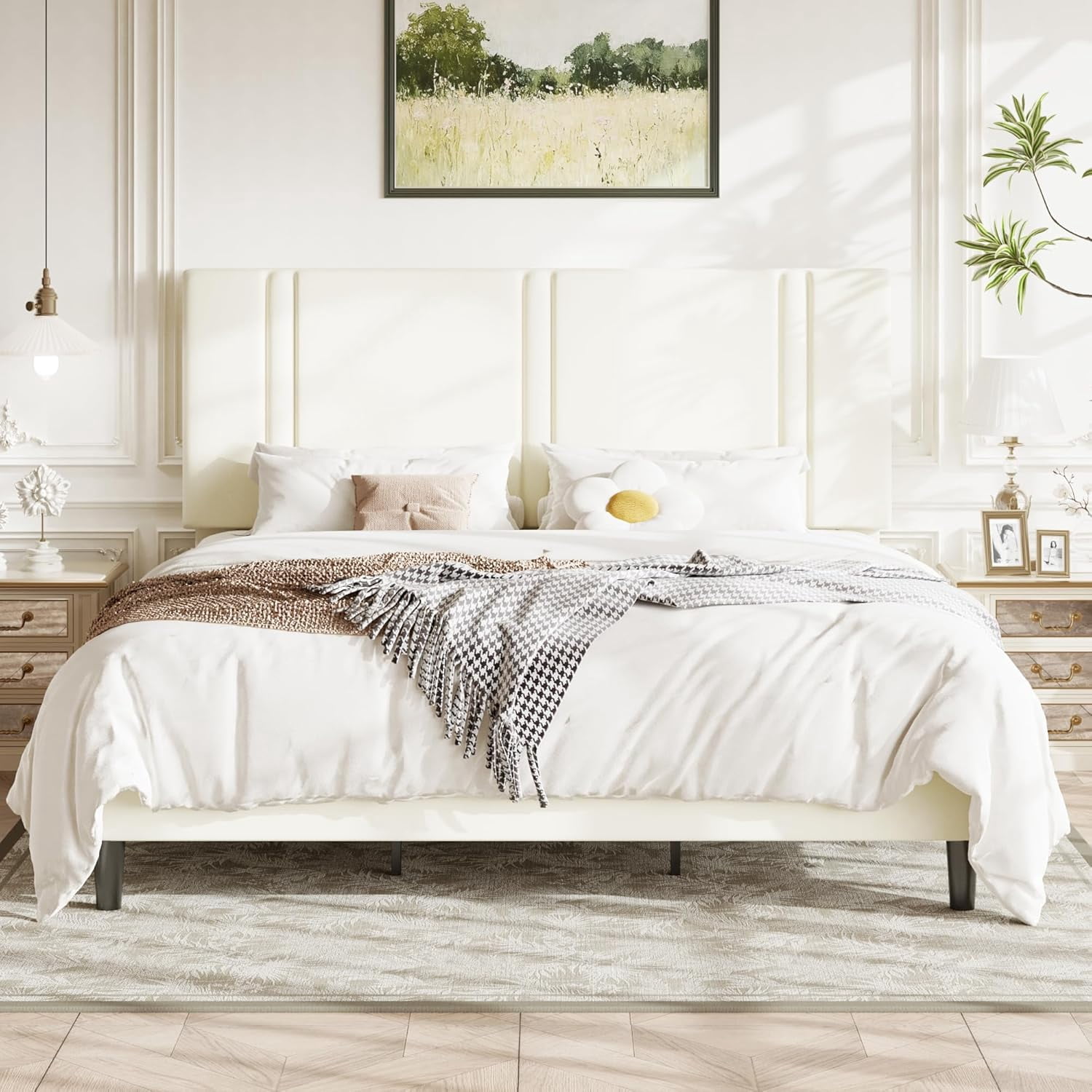Allewie King Platform Bed Frame with Adjustable Headboard, Plush Velvet Upholstered, Vertical Channel Tufted, Sturdy Wooden Slats, No Box Spring Needed, Easy Assembly, Cream