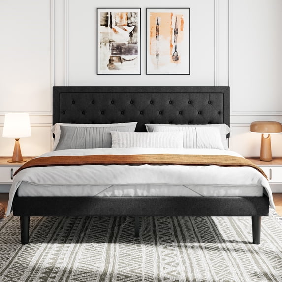 Sifurni King Bed Frame Upholstered Platform Bed with Adjustable Headboard, No Box Spring Needed, Black