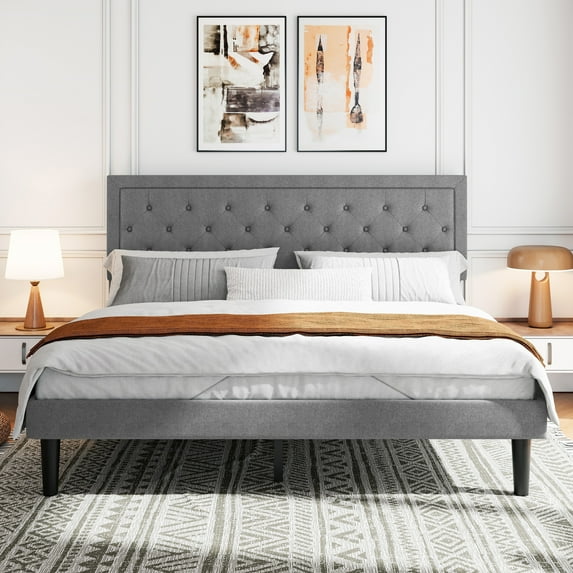 Sifurni King Bed Frame Upholstered Platform Bed with Adjustable Headboard, No Box Spring Needed, Light Gray