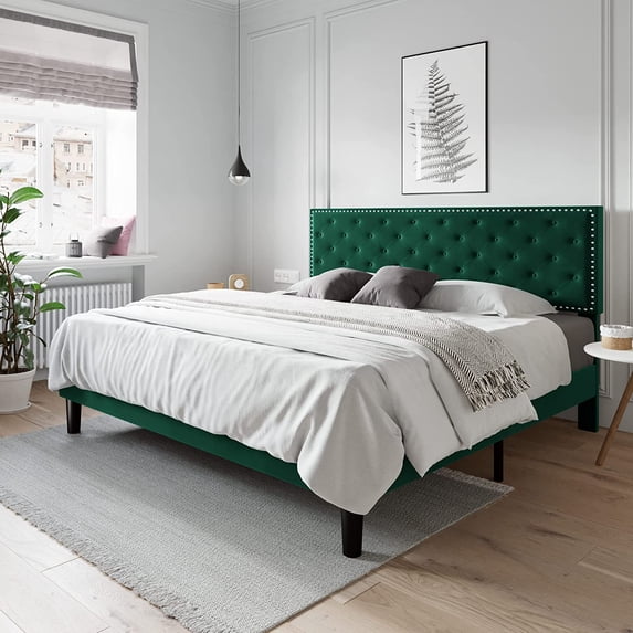 Allewie King Size Bed Frame, Velvet Upholstered Platform Bed with Adjustable Diamond Button Tufted & Nailhead Trim Headboard, Green
