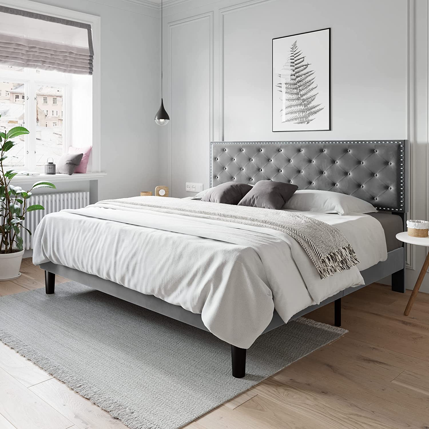 DHP Callie Upholstered Bed, King Size Frame, Light Gray Velvet