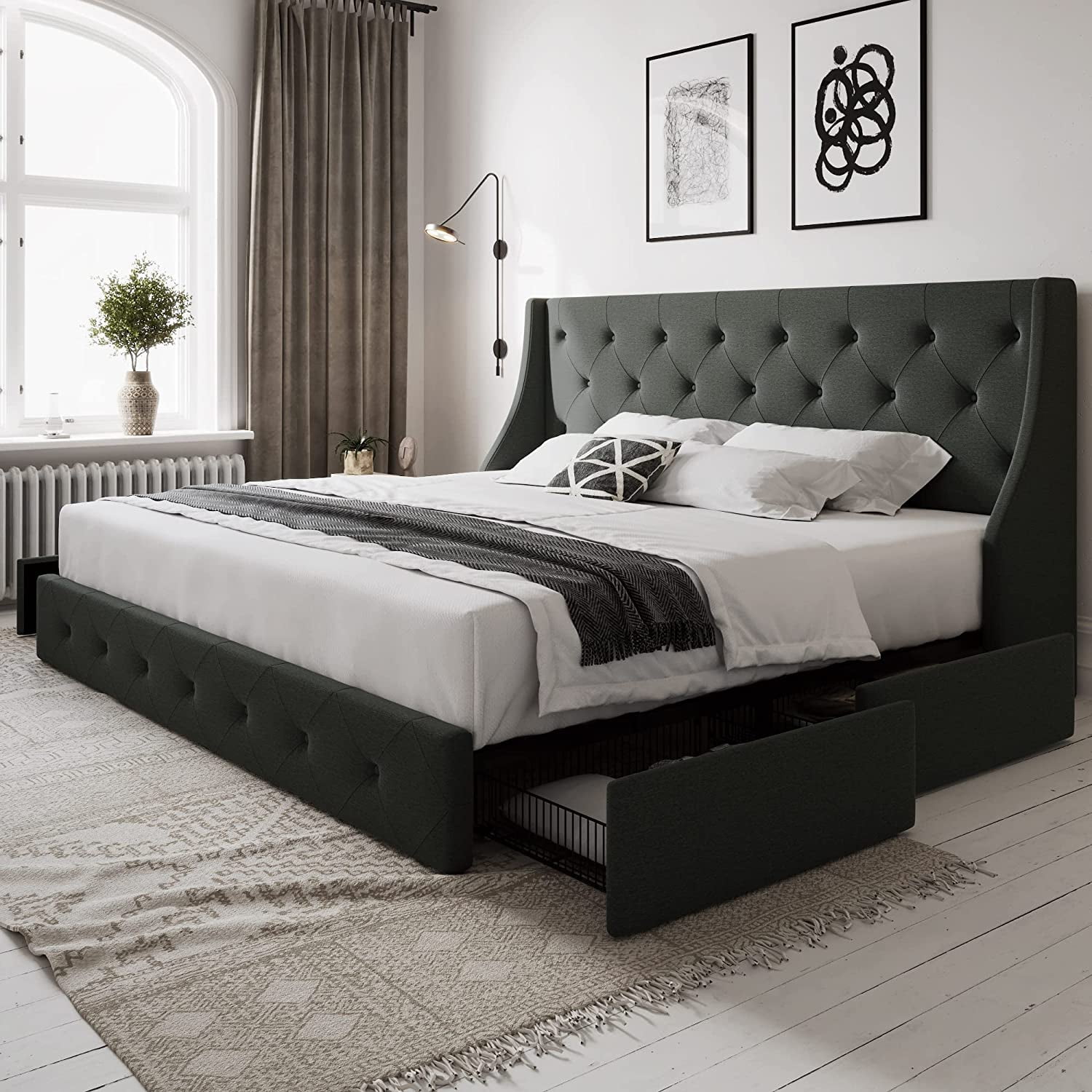Allewie King Size Bed Frame with 4 Storage Drawers and Button Tufted &  Wingback Headboard, Dark Grey 