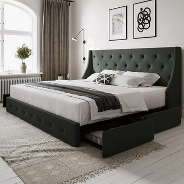 Allewie King Size Bed Frame with 4 Storage Drawers and Button Tufted & Wingback Headboard, Dark Grey