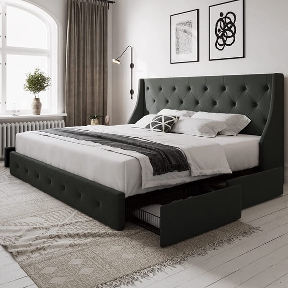 Allewie King Size Bed Frame with 4 Storage Drawers and Button Tufted & Wingback Headboard, Dark Grey