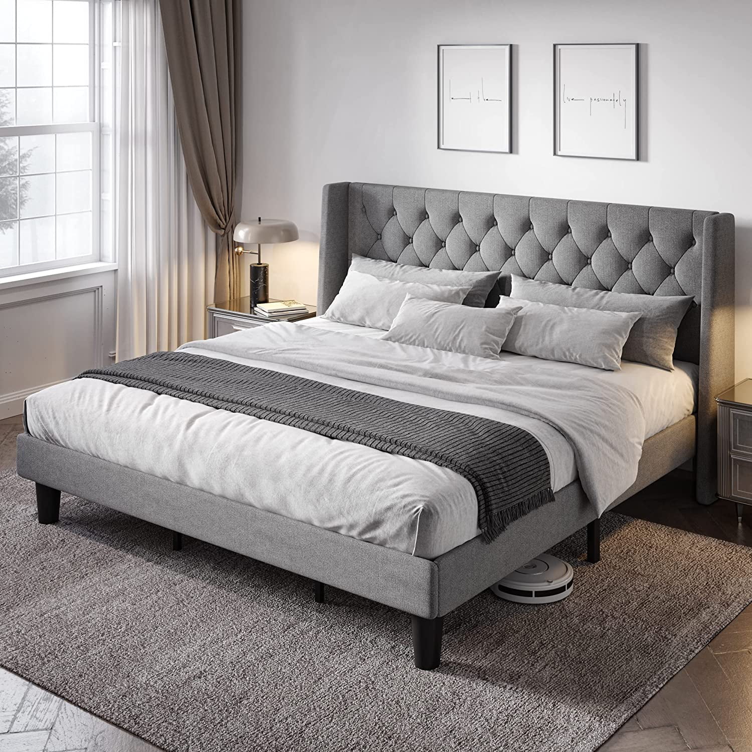 Allewie King Size Upholstered Platform Bed Frame with Wingback and Button Tufted Headboard ...