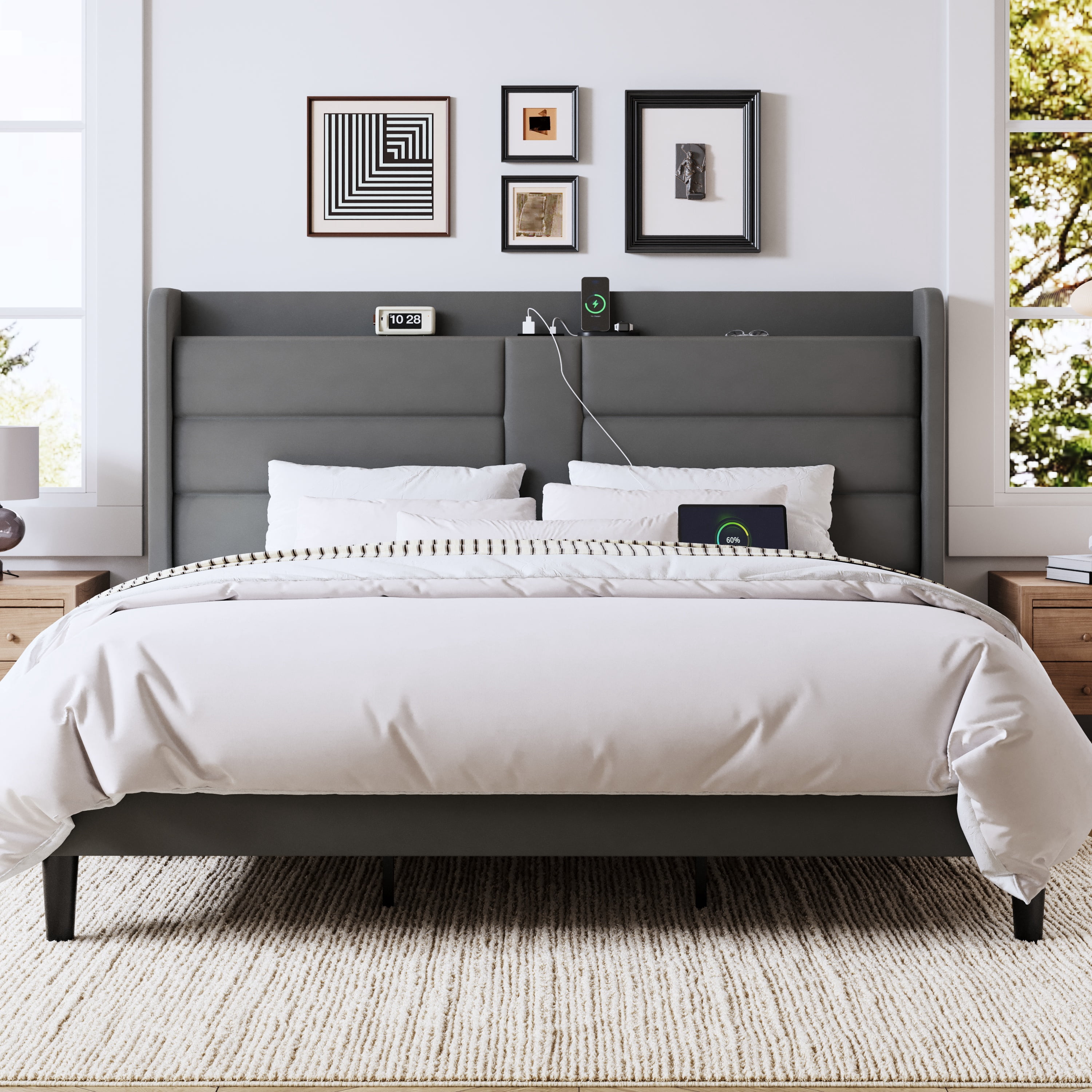 Allewie King Size Bed Frame with Charging Station, Upholstered Velvet Wingback Design & USB Port, No Box Spring Needed, Gray