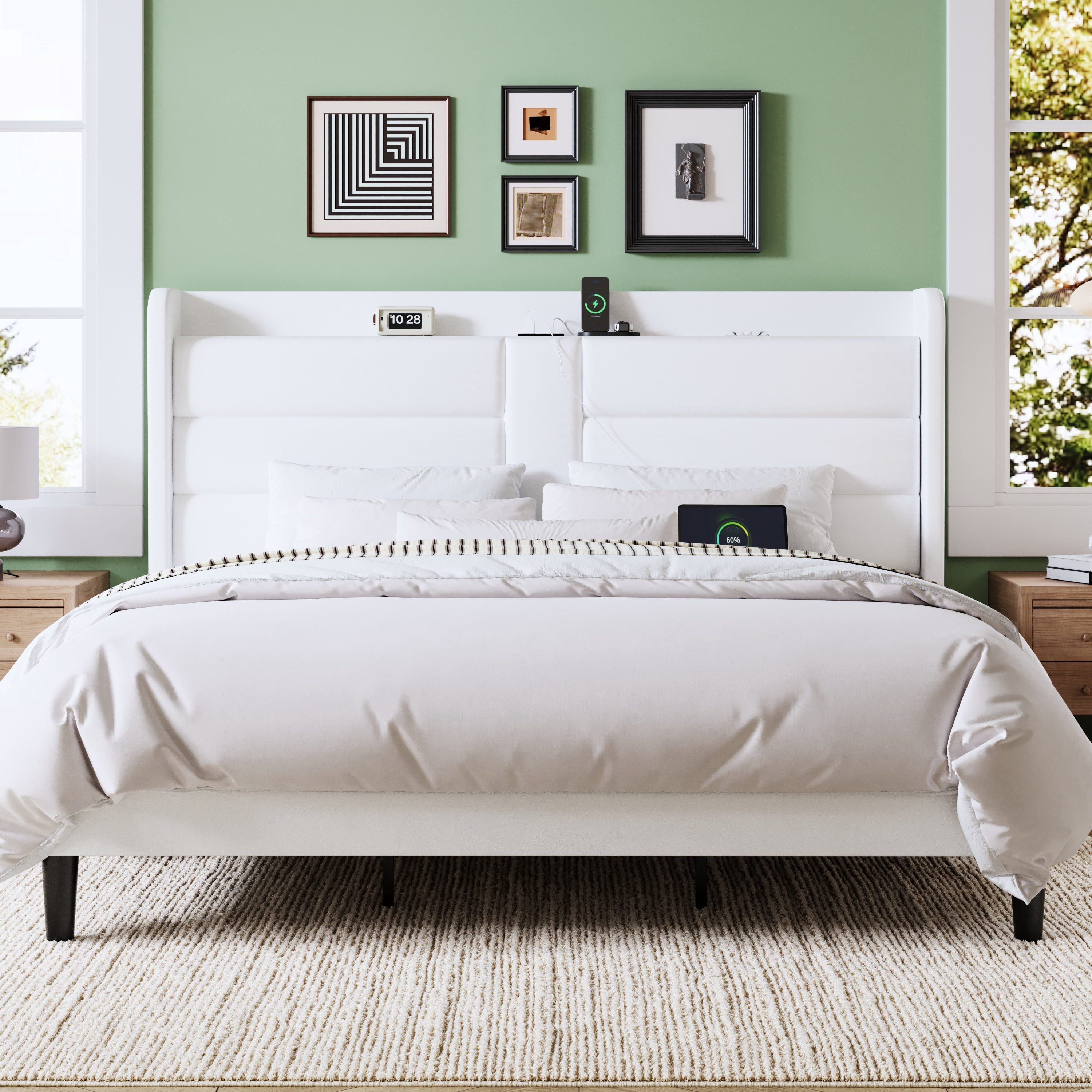 Allewie King Size Bed Frame with Charging Station, Upholstered Velvet Wingback Design & USB Port, No Box Spring Needed, White