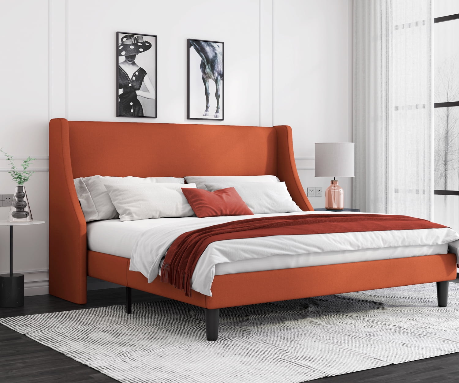 Allewie King Size Fabric Upholstered Platform Bed Frame with Wingback Headboard Burnt Orange