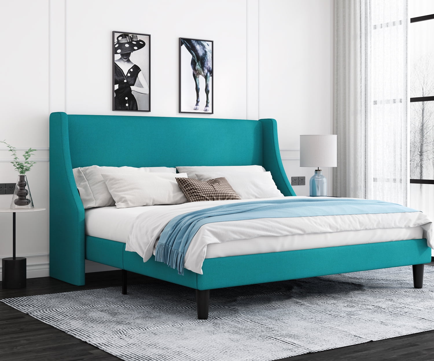 Allewie King Size Fabric Upholstered Platform Bed Frame with Wingback Headboard, Jade Green
