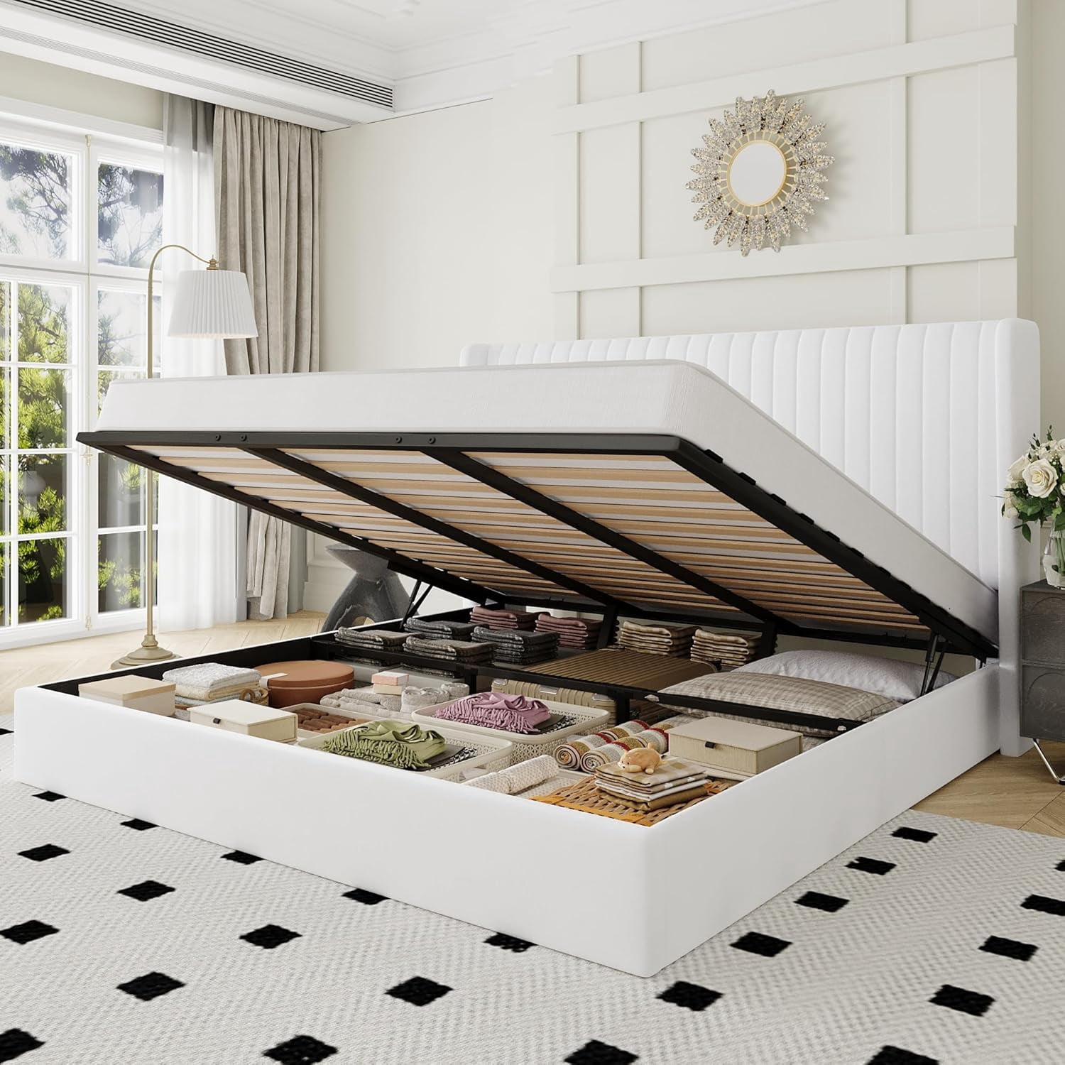 Allewie King Size Lift Up Storage Bed Frame, Hydraulic Support System, Upholstered Platform Bed Frame, Vertical Channel Tufted Headboard with Wingback, White
