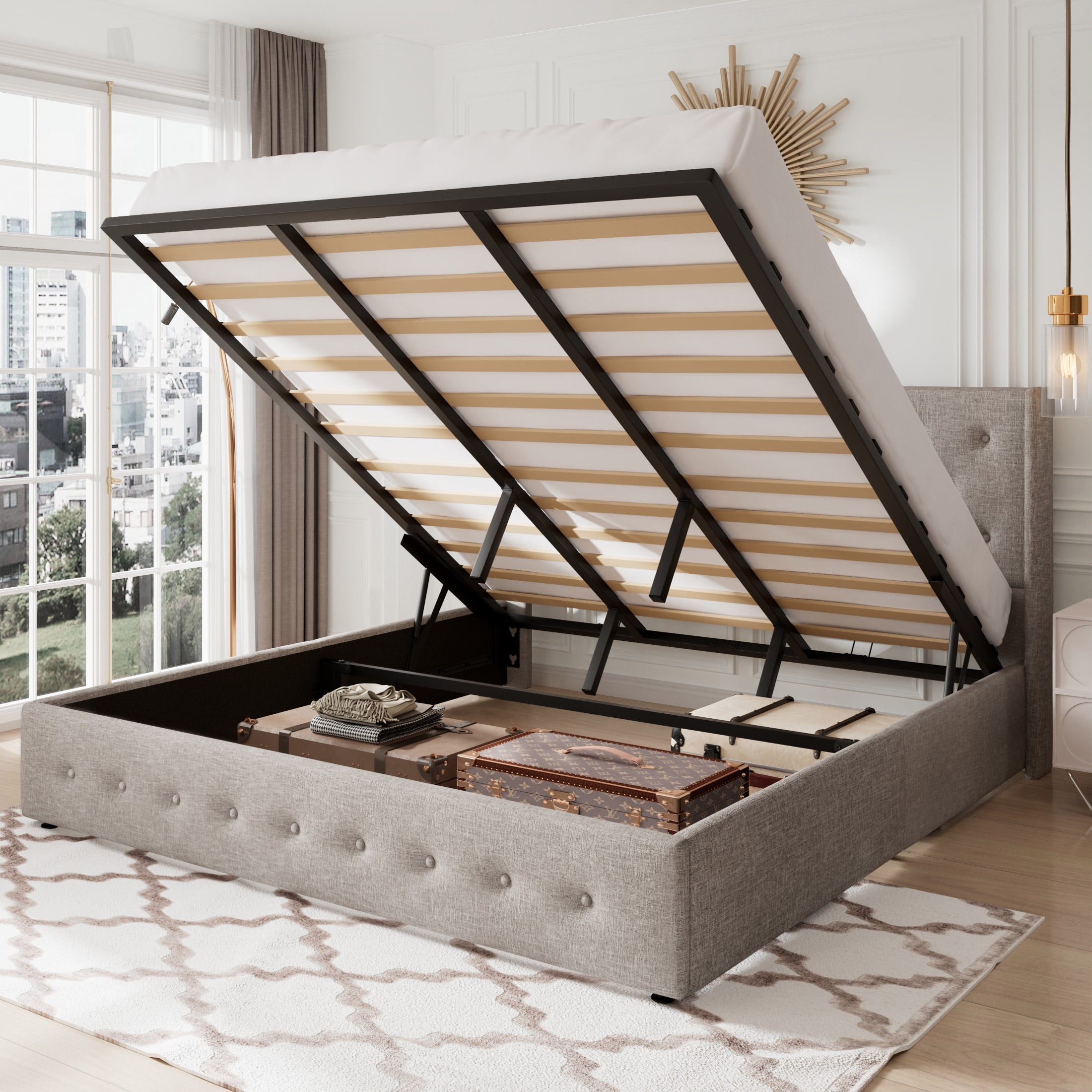 yk様オーダーページ Allewie Upholstered Fabric King Size Bed Frame with Lift Up