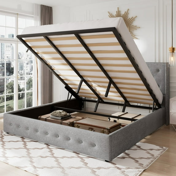 Allewie King Size Lift Up Platform Storage Bed Frame with Button Tufted Wingback Headboard, Light Grey