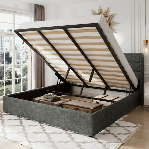 Allewie King Size Lift Up Platform Storage Bed Frame with Channel Wingback Headboard, Dark Grey