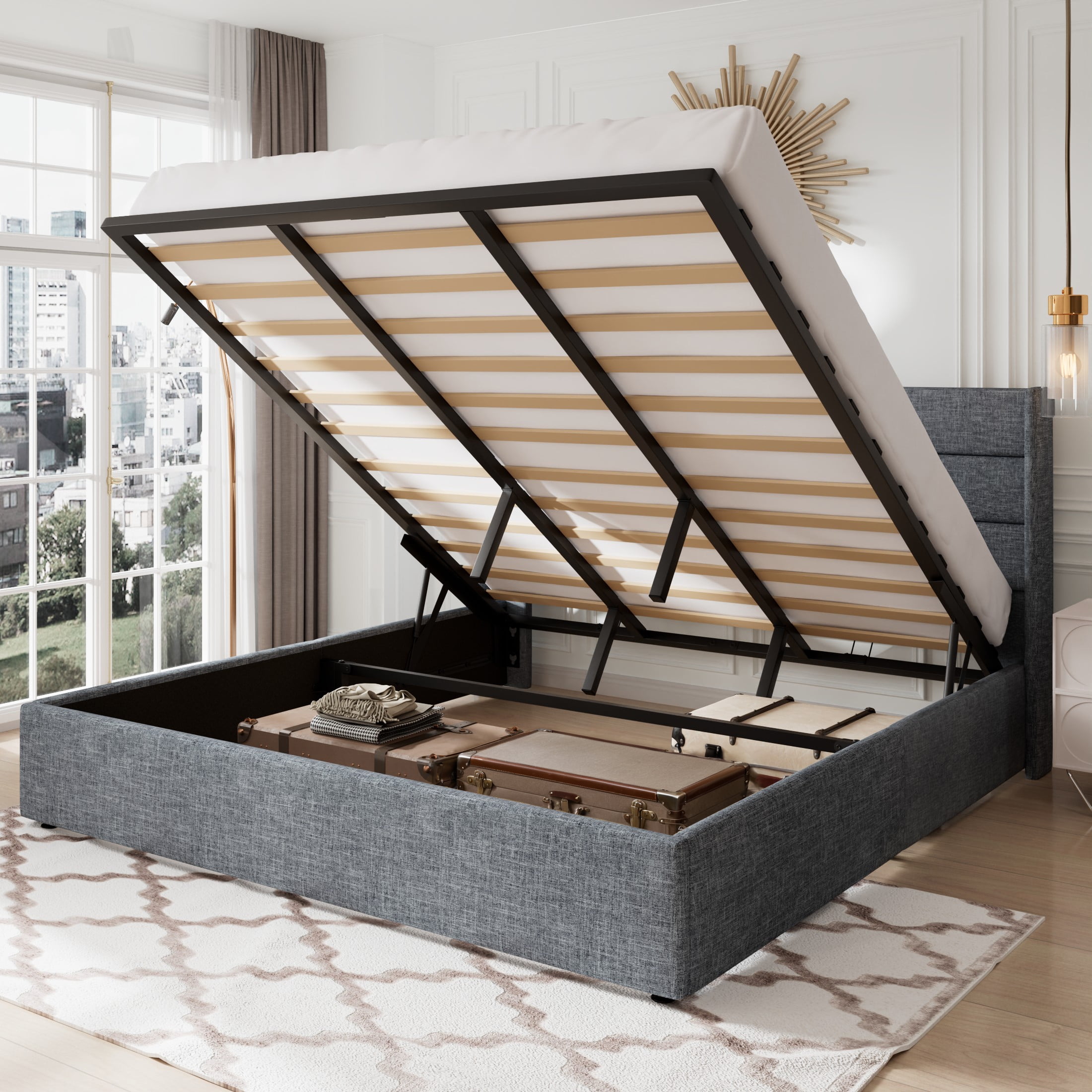 Allewie King Size Lift Up Platform Storage Bed Frame, Channel Wingback ...