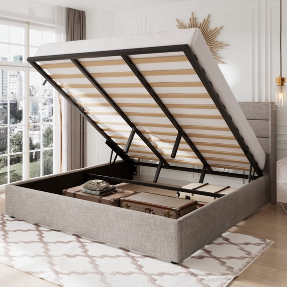 Allewie King Size Lift Up Platform Storage Bed Frame with Channel Wingback Headboard, Light Beige