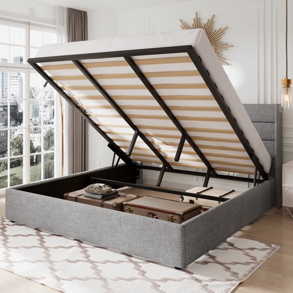 Allewie King Size Lift Up Platform Storage Bed Frame with Channel Wingback Headboard, Light Grey