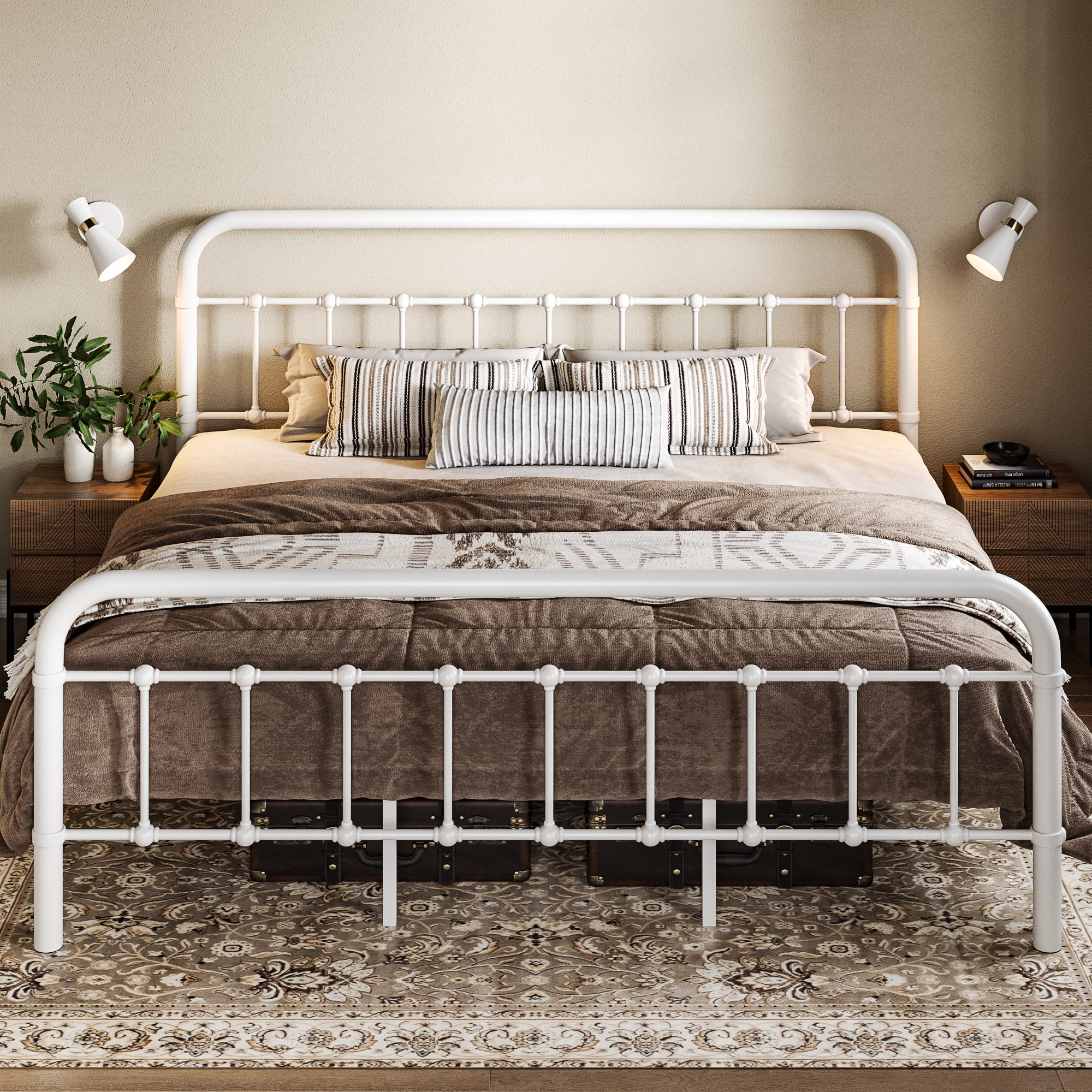 White King Size Victorian Style Metal Platform Bed Frame with Headboard