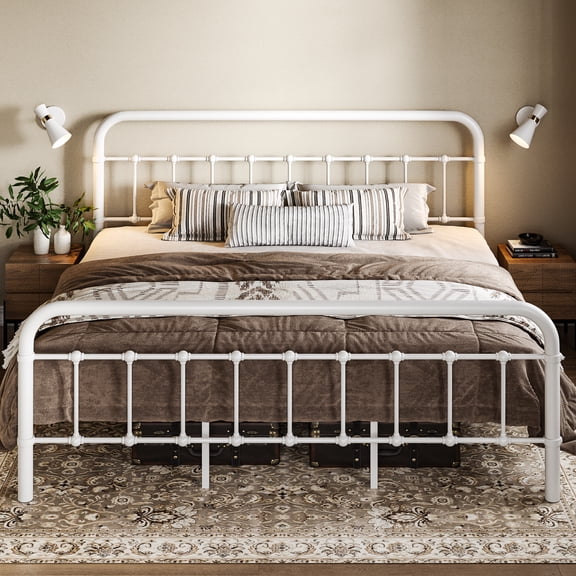 Allewie King Size Metal Platform Bed Frame with Victorian Style Wrought Iron-Art Headboard/Footboard, White