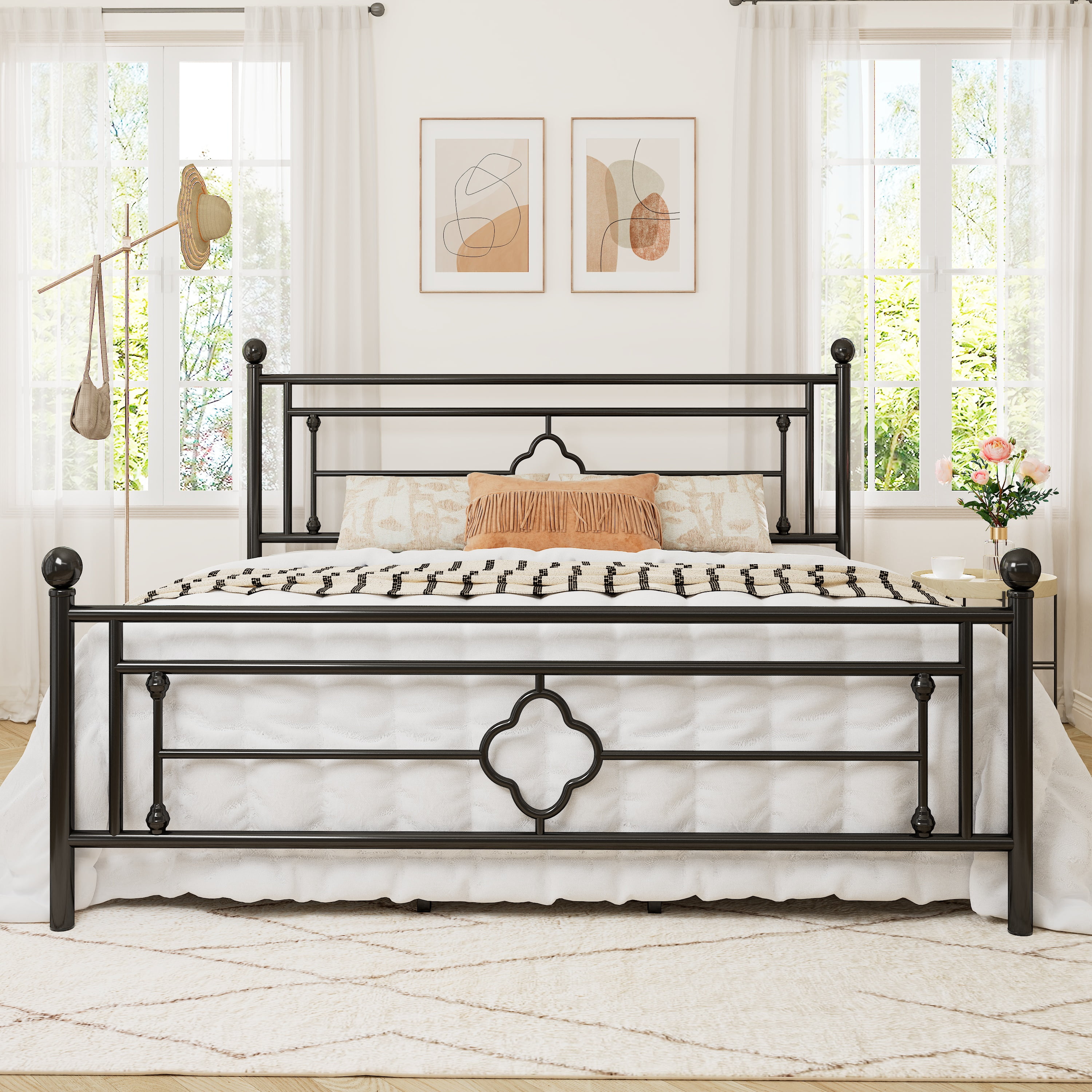 Allewie King Size Metal Platform Bed Frame with Victorian Vintage Headboard and Footboard Black
