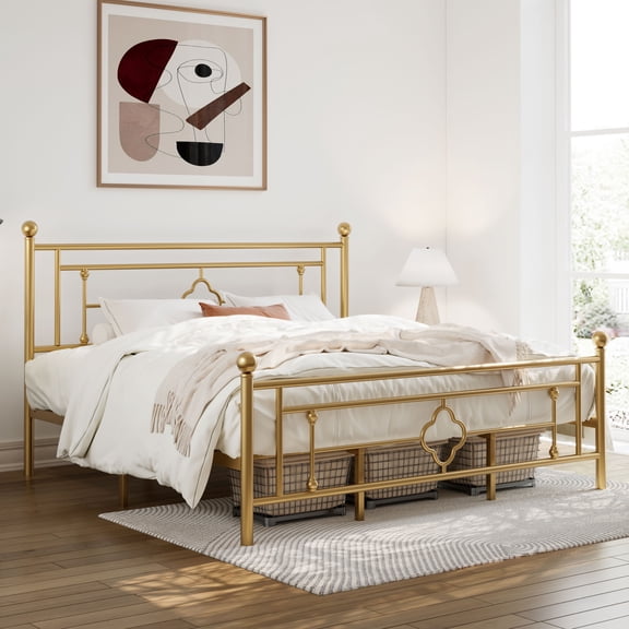 Allewie King Size Metal Platform Bed Frame with Victorian Vintage Headboard and Footboard, Gold