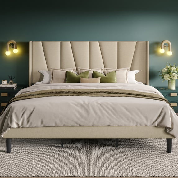 Allewie King Bed Frame, Upholstered Platform Bed with Wingback and Geometric Headboard, Beige