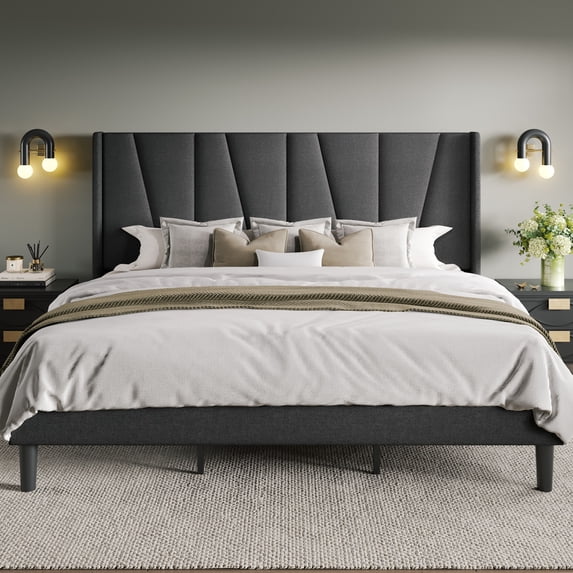 Allewie King Bed Frame, Upholstered Platform Bed with Wingback and Geometric Headboard, Gray