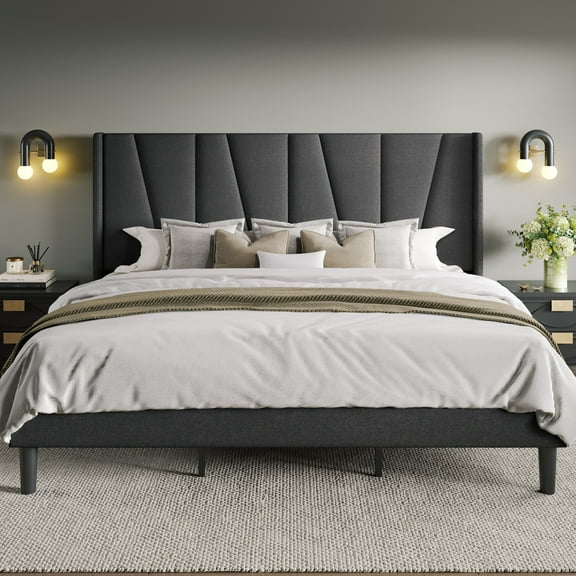 Allewie King Bed Frame, Upholstered Platform Bed with Wingback and Geometric Headboard, Gray