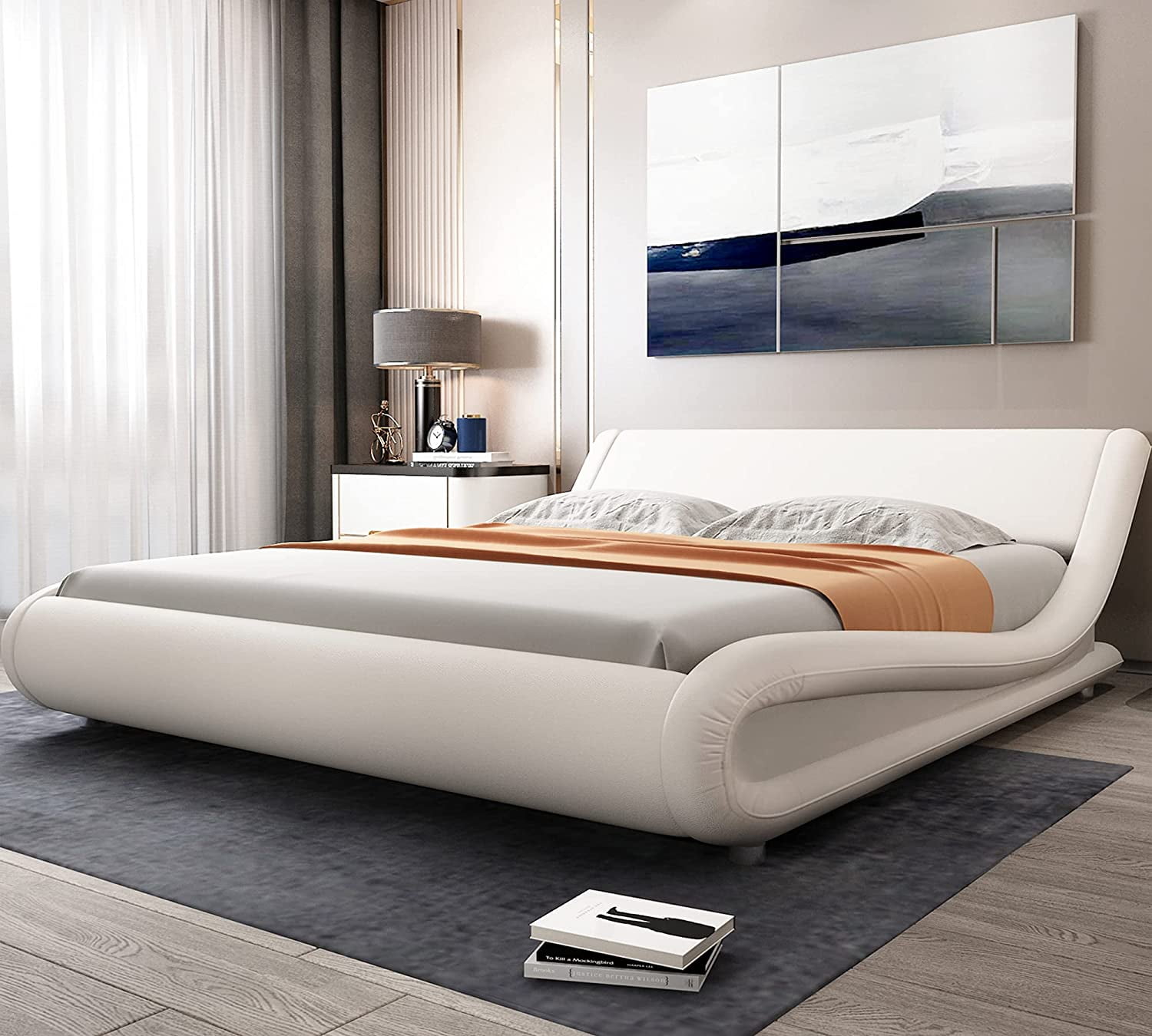 Allewie King Size Padded Bed Frame with Adjustable Headboard, Faux ...