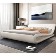 Allewie King Size Platform Bed Frame with Curved Adjustable Headboard, Faux Leather Upholstered Style, 10 Mattress Recommended, White