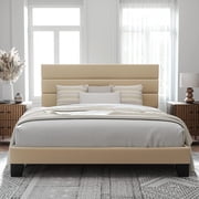 Allewie King Size Platform Bed Frame with Fabric Headboard/Fully Upholstered Mattress Foundation, No Box Spring Needed, Beige