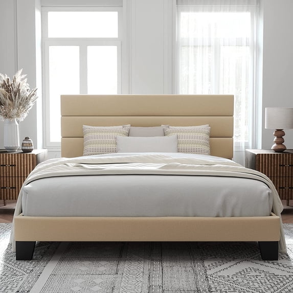 Allewie King Size Platform Bed Frame with Fabric Headboard/Fully Upholstered Mattress Foundation, No Box Spring Needed, Beige