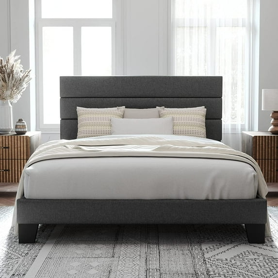 Allewie King Size Platform Bed Frame with Fabric Upholstered Headboard, No Box Spring Needed, Dark Grey
