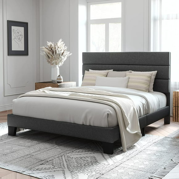 Allewie King Size Platform Bed Frame with Fabric Upholstered Headboard, No Box Spring Needed, Dark Grey