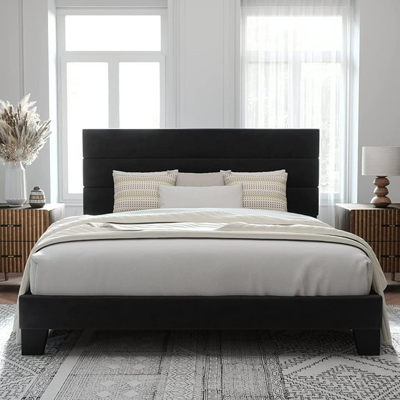 Allewie King Size Platform Bed Frame with Velvet Headboard/Fully Upholstered Mattress Foundation, No Box Spring Needed, Black