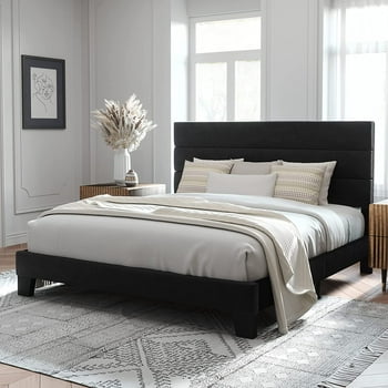 Allewie King Size Platform Bed Frame with Velvet Headboard/Fully Upholstered Mattress Foundation, No Box Spring Needed, Black