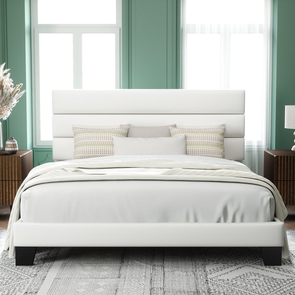 Allewie King Size Platform Bed Frame with Velvet Headboard/Fully Upholstered Mattress Foundation, No Box Spring Needed, White