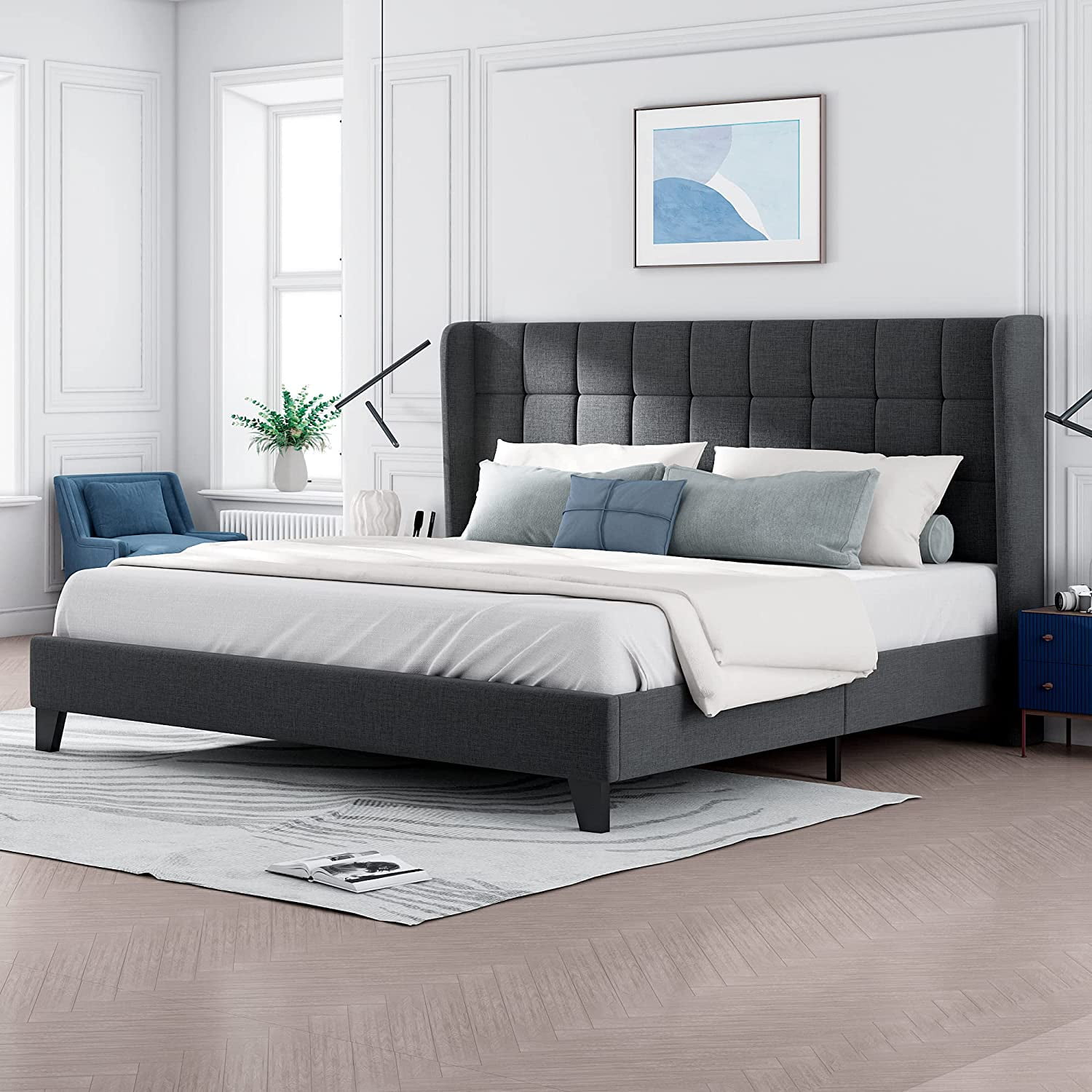 Allewie King Size Platform Bed with Wingback Fabric Upholstered Square ...