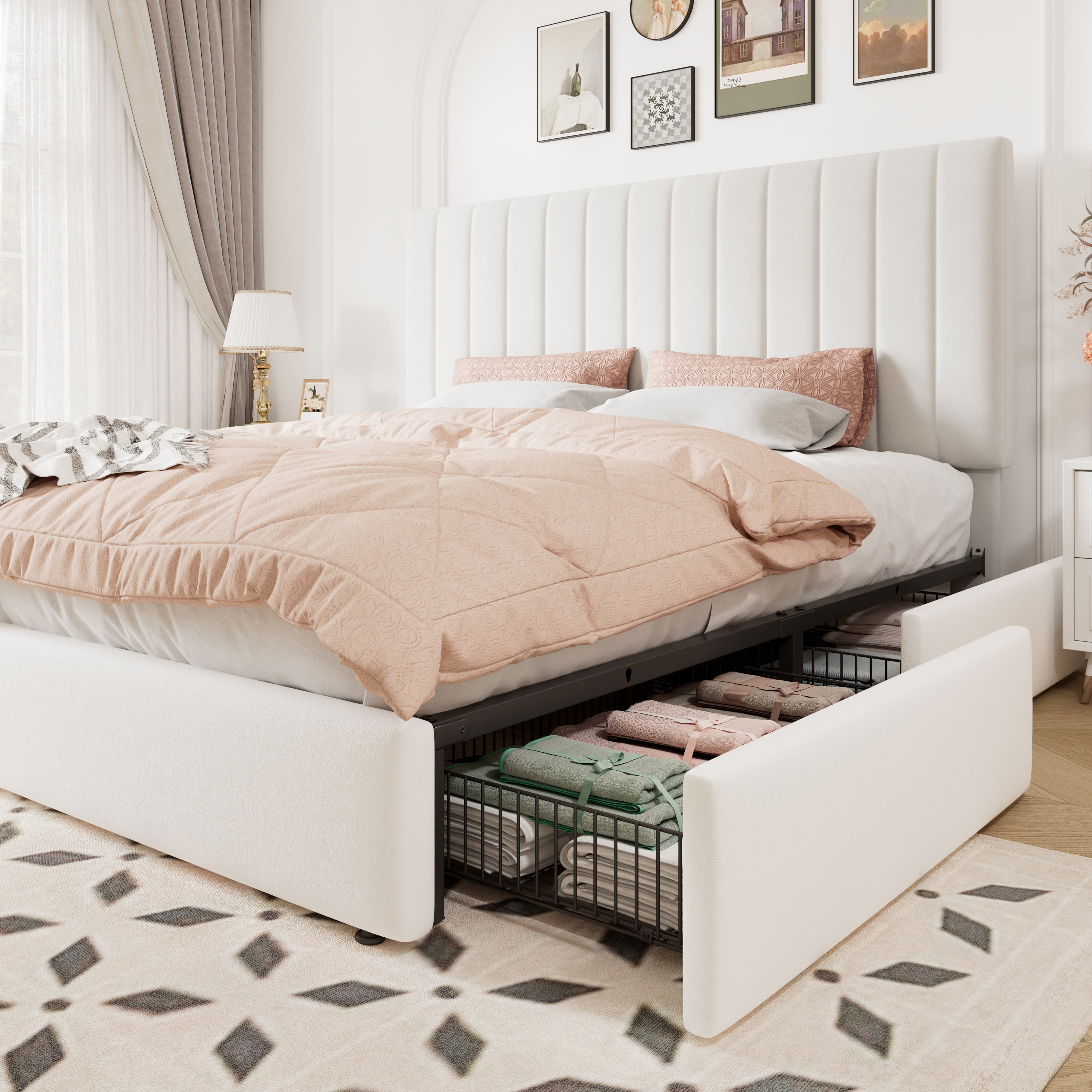 Allewie King Size Storage Bed Frame,Adjustable Headboard, Velvet Upholstered Platform Bed with 4 Oversized Underbed Drawers, Wooden Slats Support, No Box Spring Needed, White