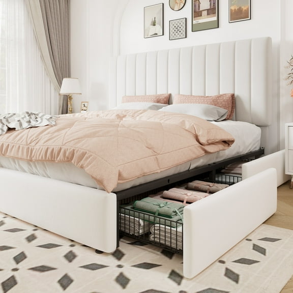 Allewie King Size Storage Bed Frame,Adjustable Headboard, Velvet Upholstered Platform Bed with 4 Oversized Underbed Drawers, Wooden Slats Support, No Box Spring Needed, White
