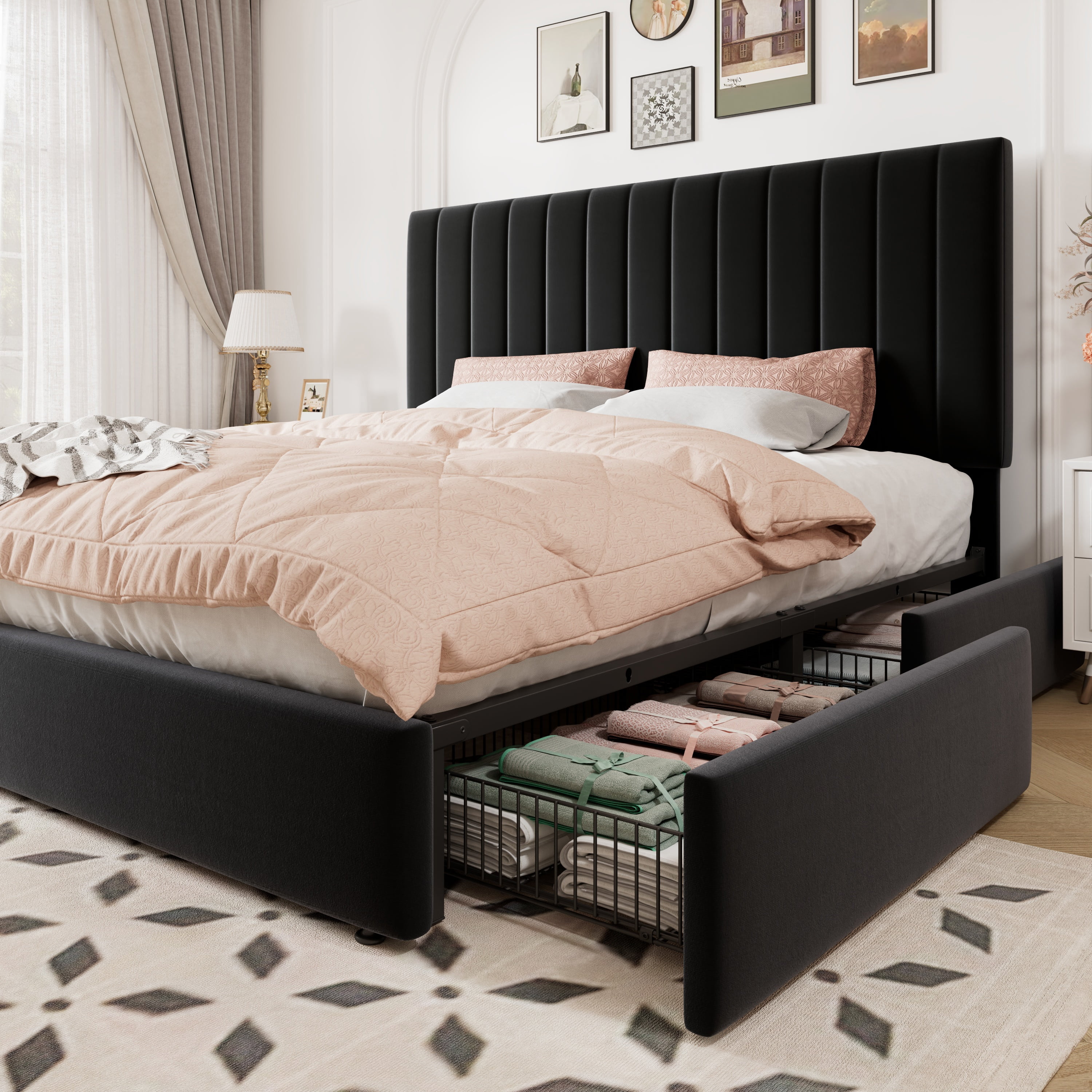 Allewie King Size Storage Bed Frame,Adjustable Headboard, Velvet Upholstered Platform Bed with 4 Oversized Underbed Drawers, Wooden Slats Support, No Box Spring Needed, Black
