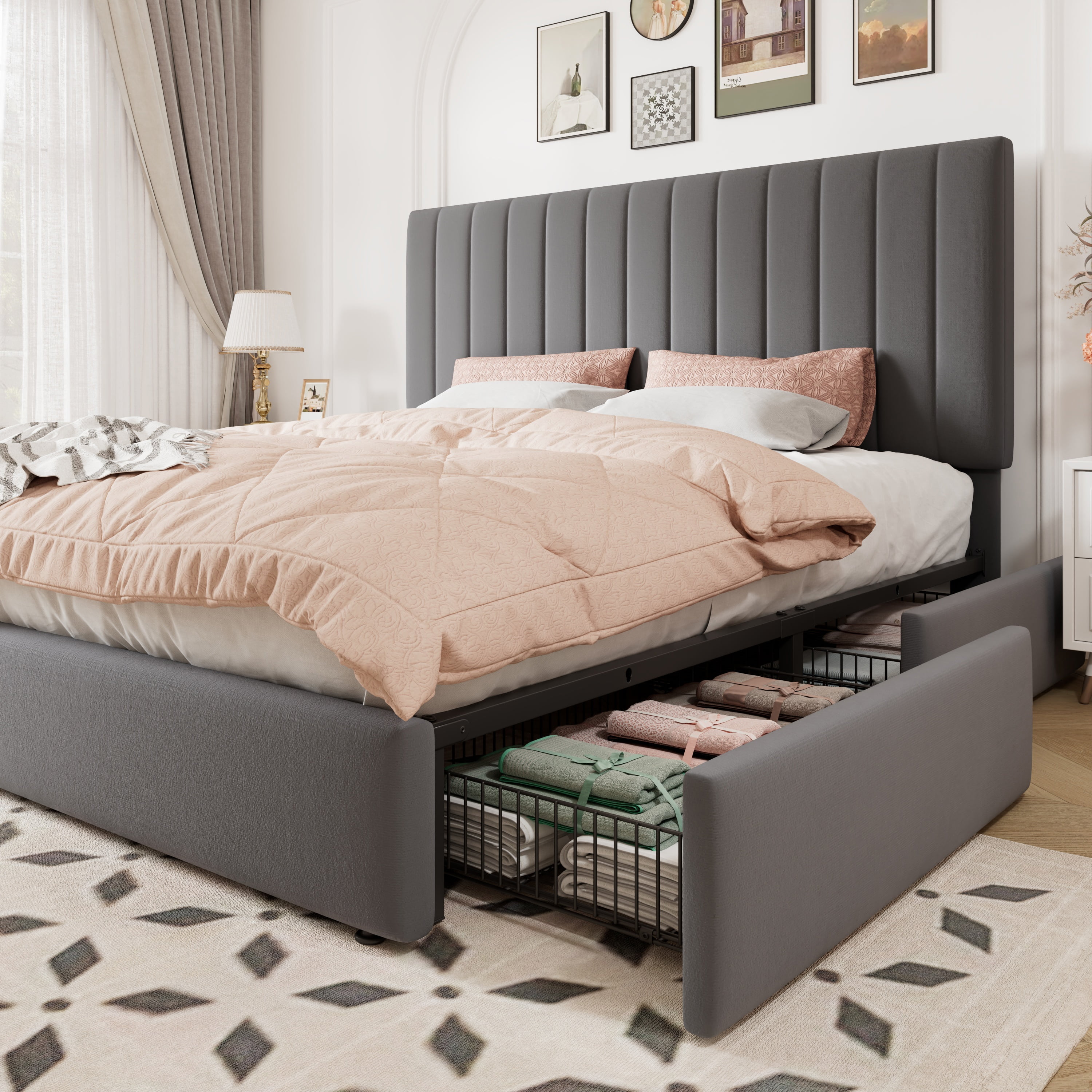 Allewie King Size Storage Bed Frame,Adjustable Headboard, Velvet Upholstered Platform Bed with 4 Oversized Underbed Drawers, Wooden Slats Support, No Box Spring Needed, Grey