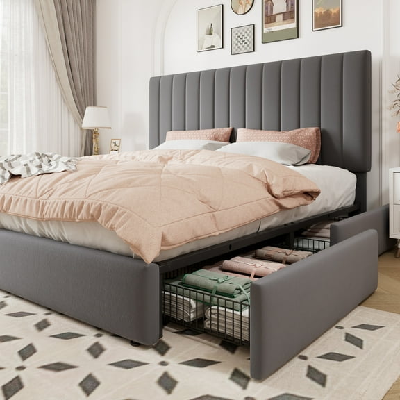 Allewie King Size Storage Bed Frame,Adjustable Headboard, Velvet Upholstered Platform Bed with 4 Oversized Underbed Drawers, Wooden Slats Support, No Box Spring Needed, Grey