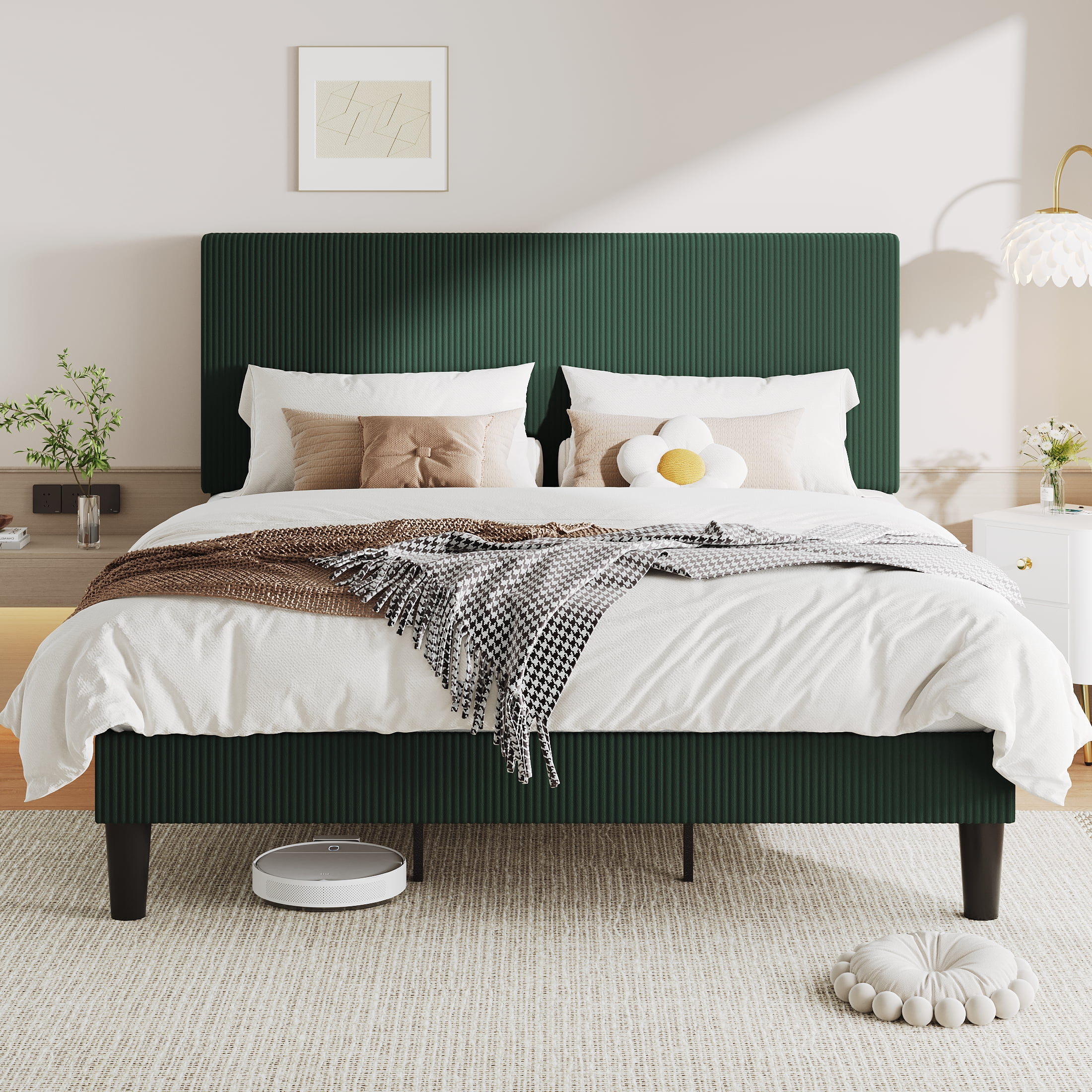 Allewie King Size Upholstered Bed Frame with Vertical Channel Tufted Headboard, Soft Corduroy Fabric Platform Bed, Green