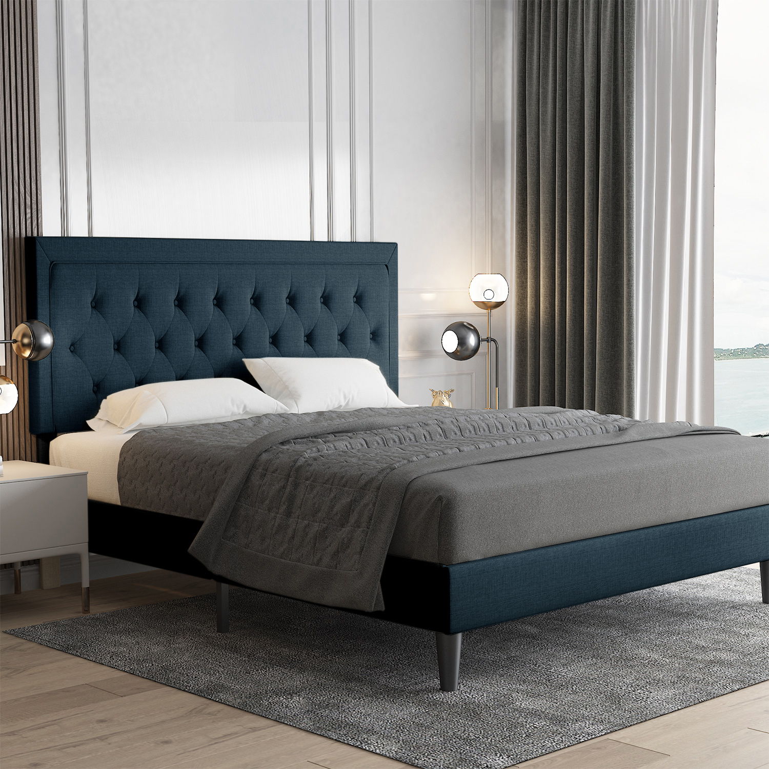 Allewie King Size Upholstered Platform Bed Frame with Adjustable Headboard, Button Tufted, Wood Slat Support, Easy Assembly, Blue